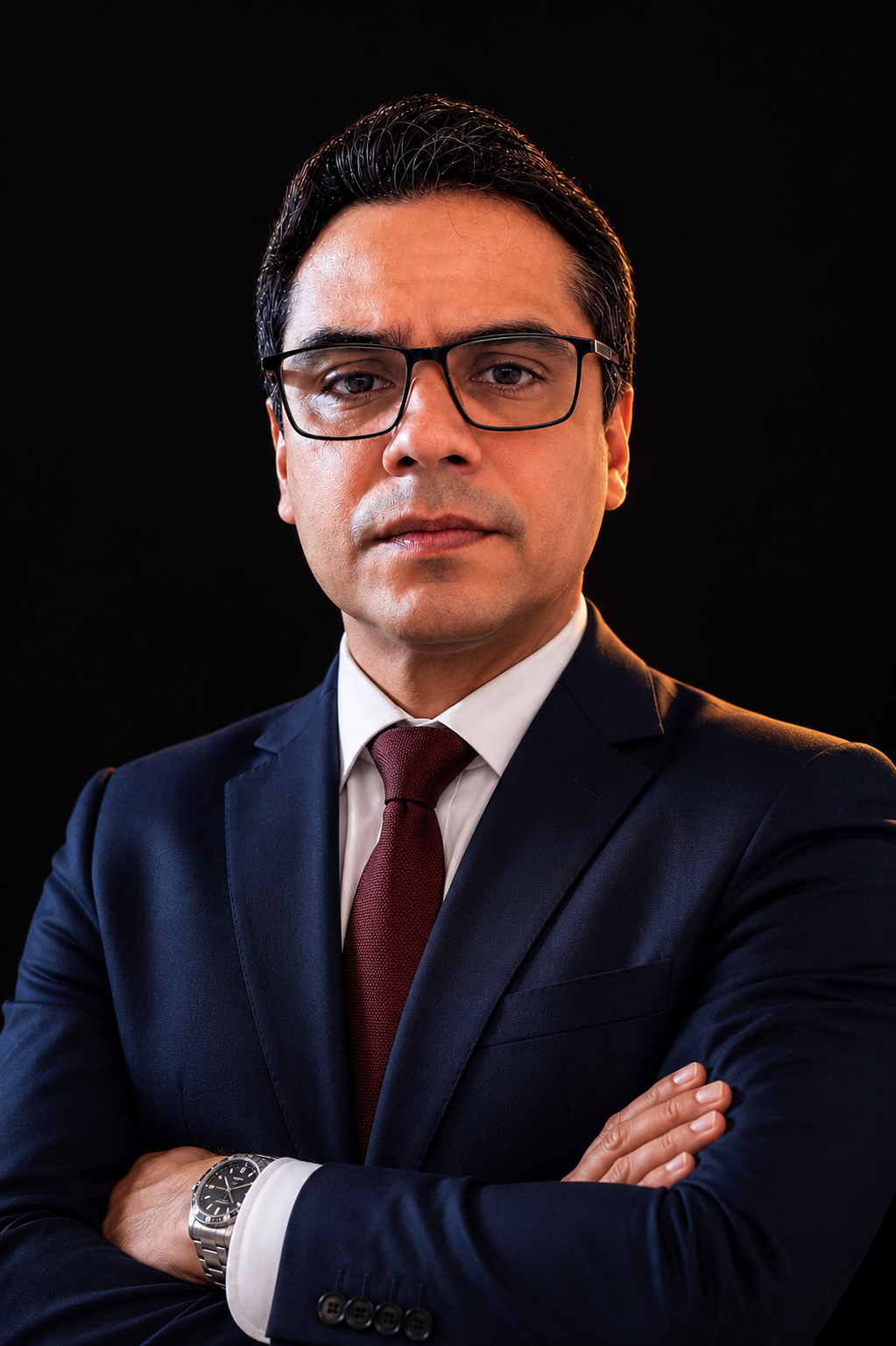 Retrato de Dr. João Vitor Andrade, advogado, em estúdio com fundo escuro